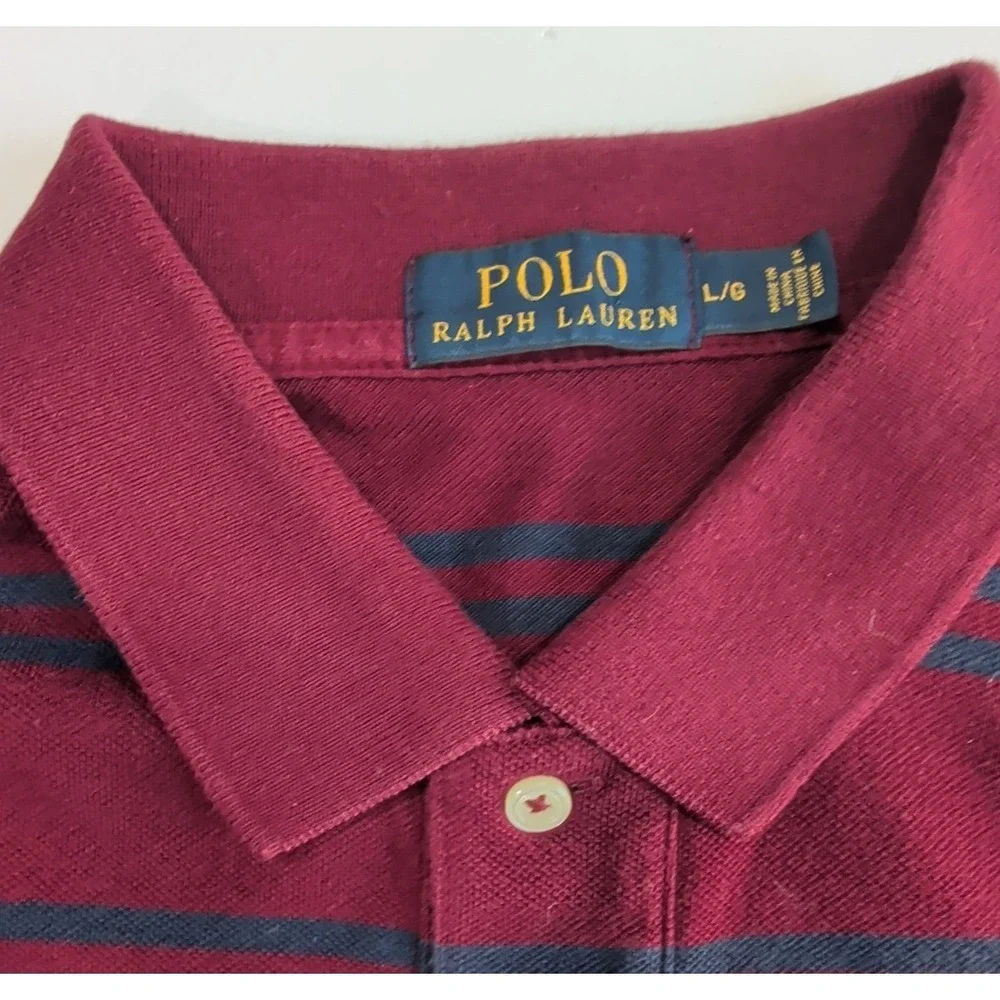 Ralph Lauren Polo Shirt Mens Large Maroon Navy Striped Cotton Preppy Campus L